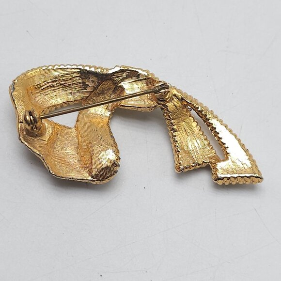 Gold Tone Textured Bow Brooch With Clear Rhinestones - Picture 3 of 4